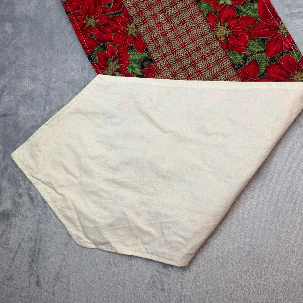 Handmade Table Runner Unisex 40in Red Poinsettia Plaid Quilted Christmas Holiday